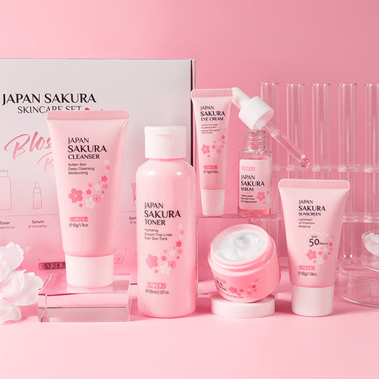 Skin Care Set JAPAN SAKURA Women Beauty Gift Sets Kit With Cleanser, Toner, Lotion, Serum, Eye Cream, Face Cream Travel Kit For Women Teen Girls Mom Daughter TSA-friendly Sizes 6pcs