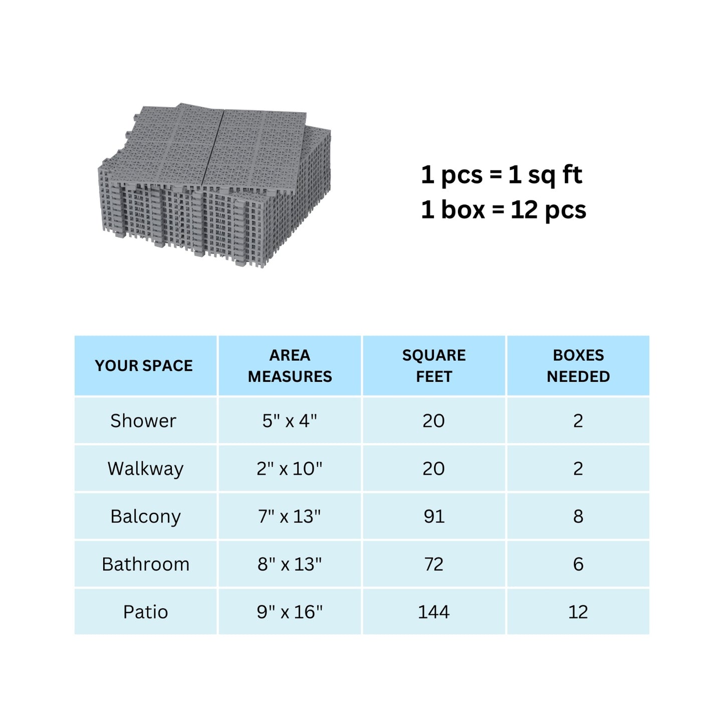 12 X 12 Inch Gray Interlocking Deck Tiles Plastic Waterproof Outdoor All Weather Anti-slip Bathroom