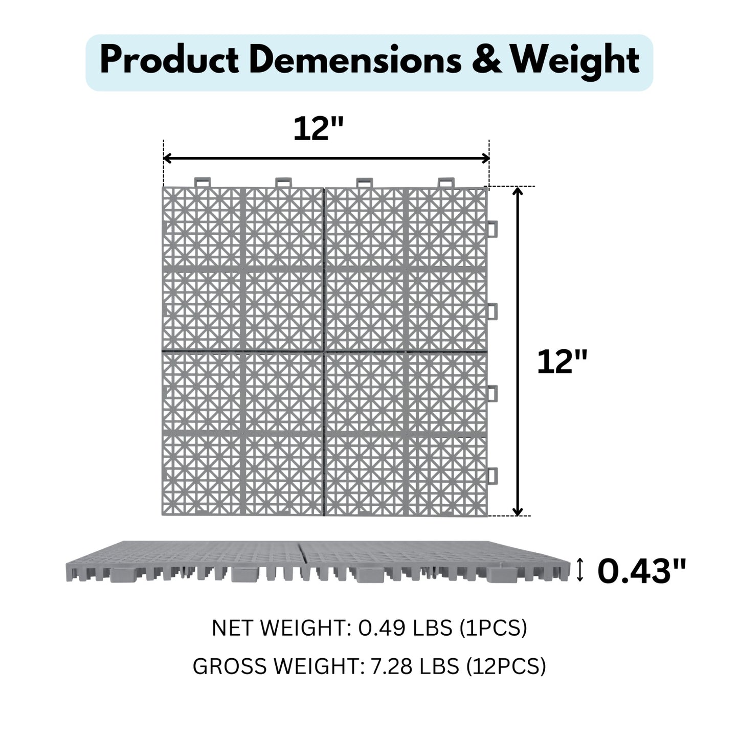 12 X 12 Inch Gray Interlocking Deck Tiles Plastic Waterproof Outdoor All Weather Anti-slip Bathroom