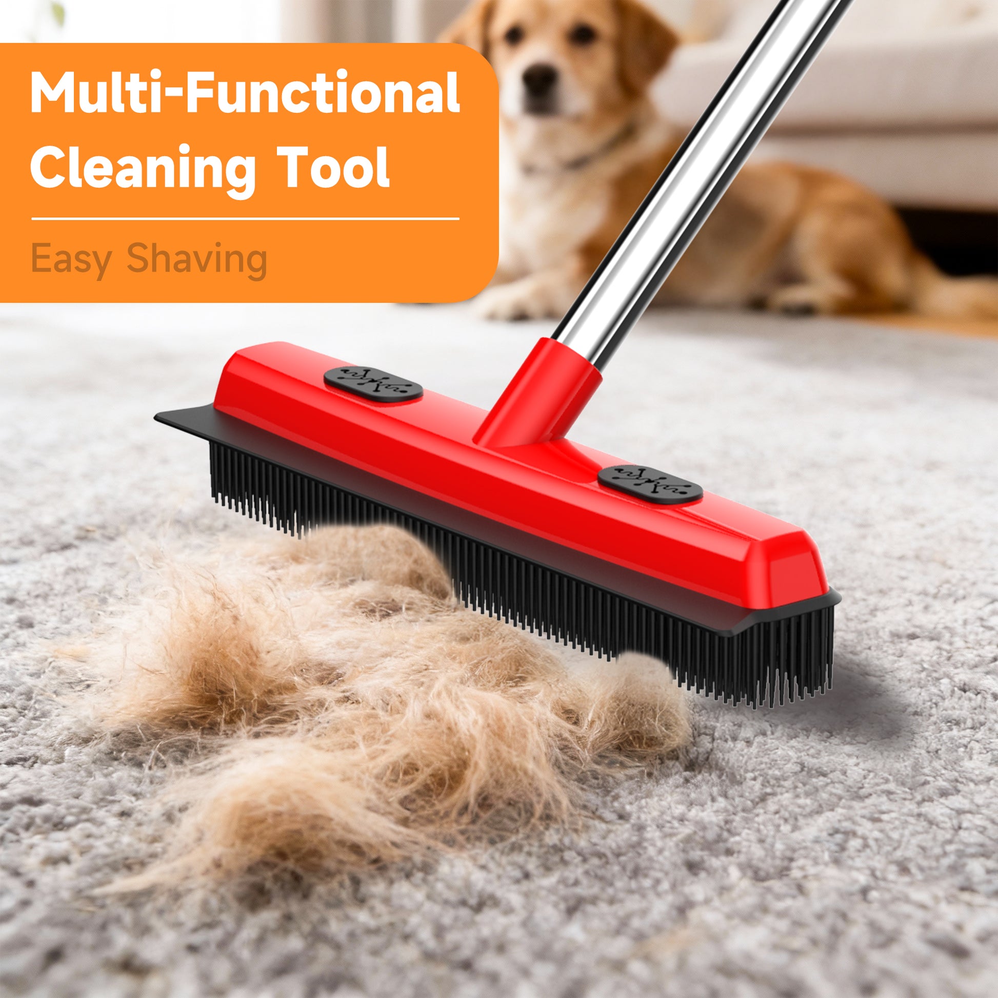 Red cleaning tool with dog hair on a carpet, labeled 'Multi-Functional Cleaning Tool' and 'Easy Shaving'.