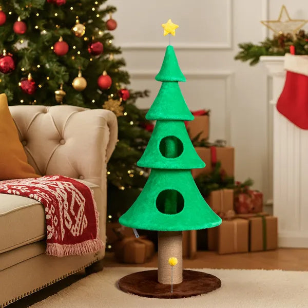 59in Large Tall Christmas Tree Cat Tower With 2 Cat Condos & Scratching Post, Soft Fleece Cat Tree With Teaser Toy & Sturdy Base & Built-in Openings For Indoor Cats, Green