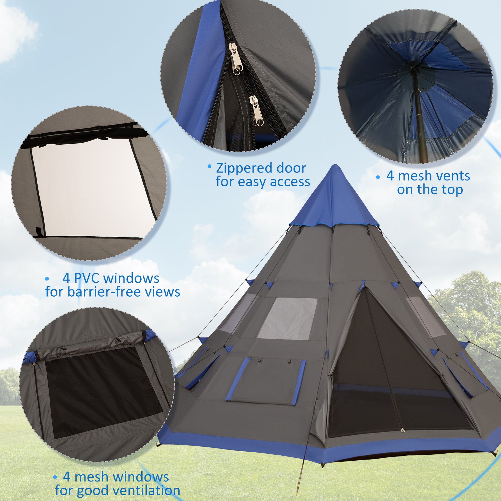 Camping tent with features highlighted on a clear sky background