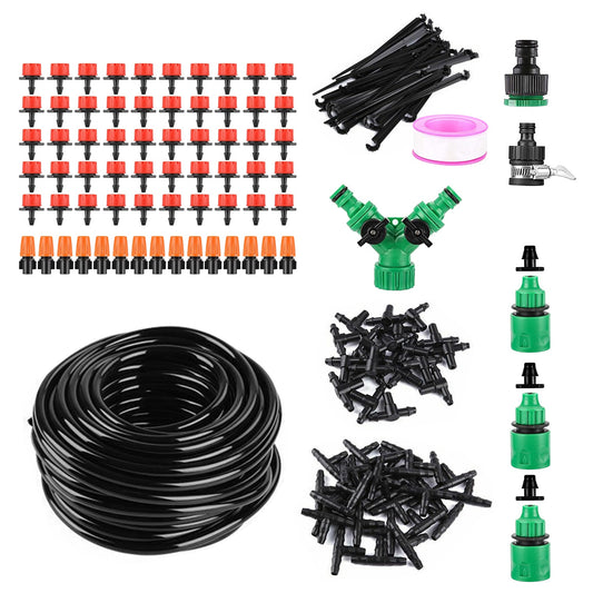 Gardening supplies including black tubing, red and orange nozzles, green connectors, and black stakes on a white background.