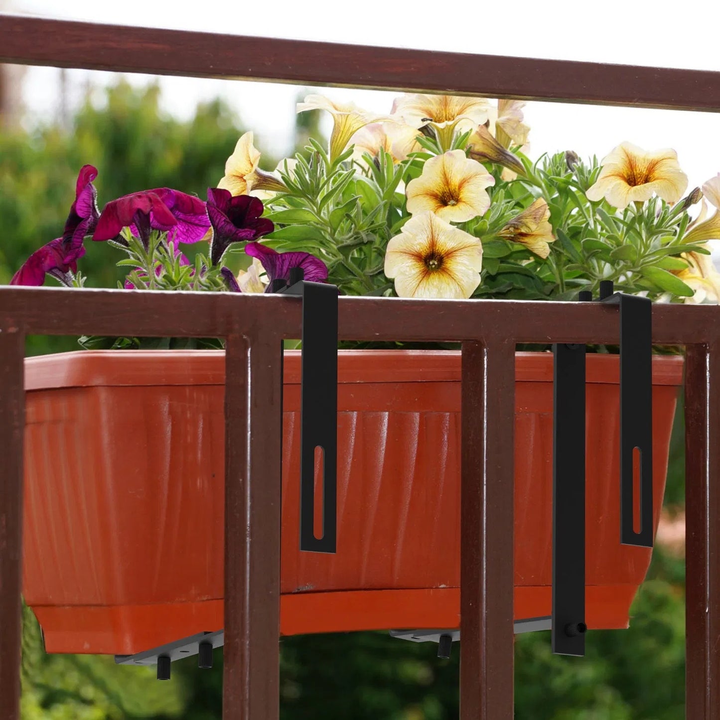 Telescopic Window Planter Bracket, Iron No-Drill Wall-Mounted Flower Box Holder, Tray & Dual-Size Hook, Indoor Outdoor Rustproof Rail Hanging Basket Support, With 24 Screws & Screw