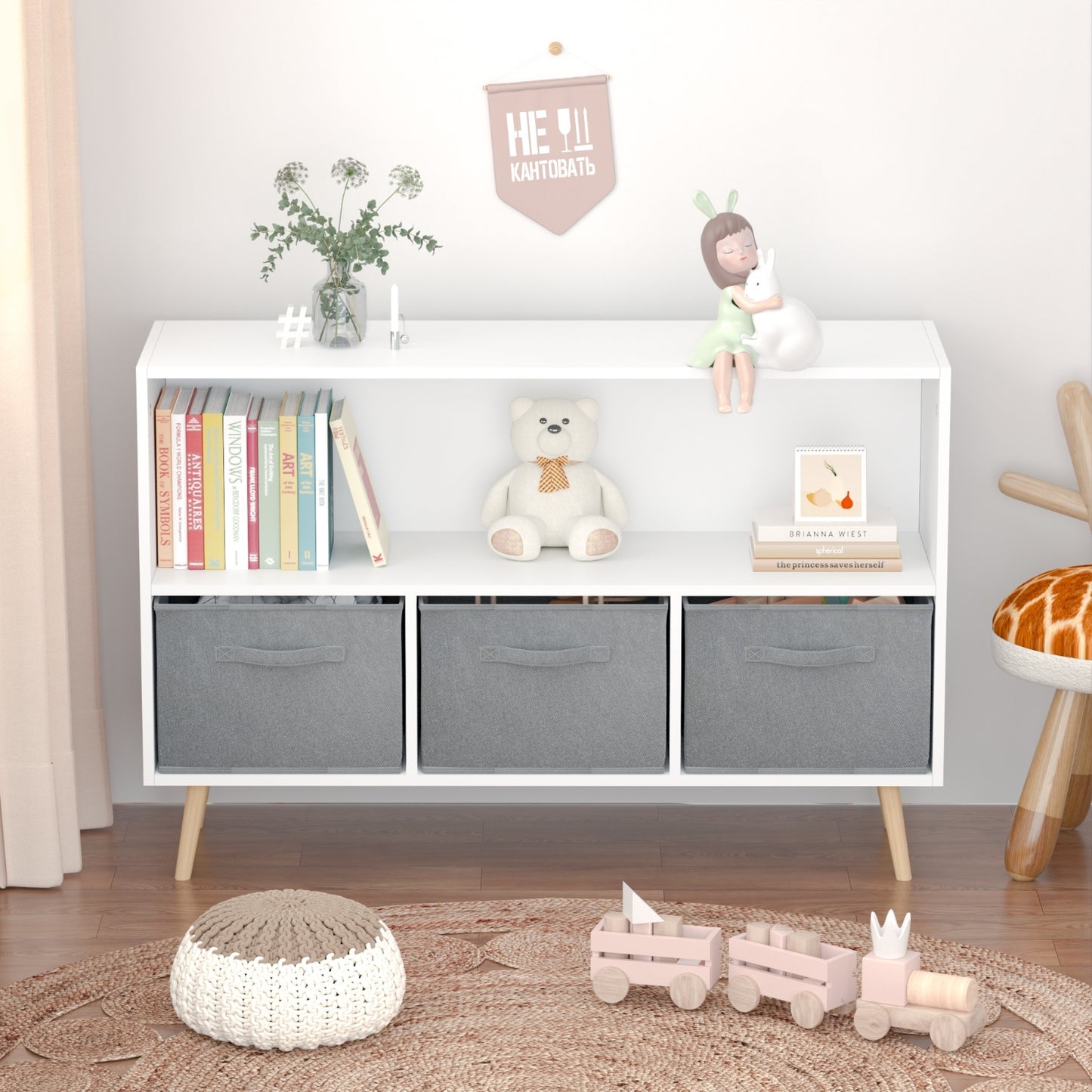 Kids Bookcase With Fabric Drawers, Children's Book Display & Toy Storage Cabinet