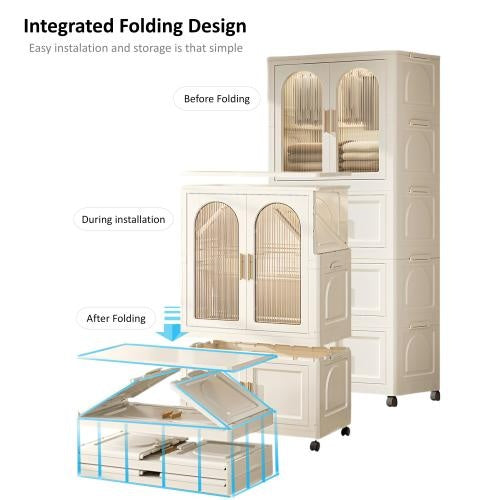 25.59 Side Wide Folding Wardrobe , 25.59x15.75x70.87 , With Magnetic Door, Plastic Storage Cabinet With Wheels One Layer Of Wardrobe X Three Layers Of Folding Boxesx10 Hangers