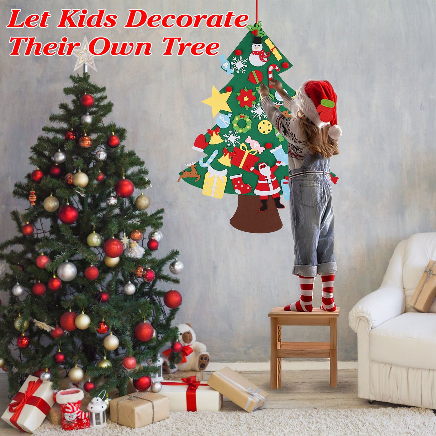 DIY Felt Christmas Tree 41Pcs Detachable Ornaments For Kids Toddler Wall Hanging Christmas Decoration Xmas Gift