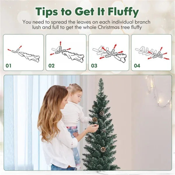 5FT Green Artificial Christmas Tree - 214 Lush Tips, 25 Realistic Pine Cones, Foldable Metal Stand