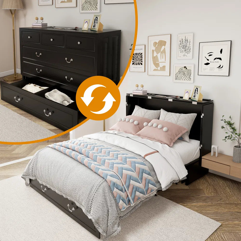 Queen Size Murphy Bed Frame With Drawers Murphy Chest Bed With Charging Station, 2 USB Ports Mobile Murphy Bed Sleeping Arrangement For Multipurpose Area For Bedroom Living Room Guest Room White&Wood