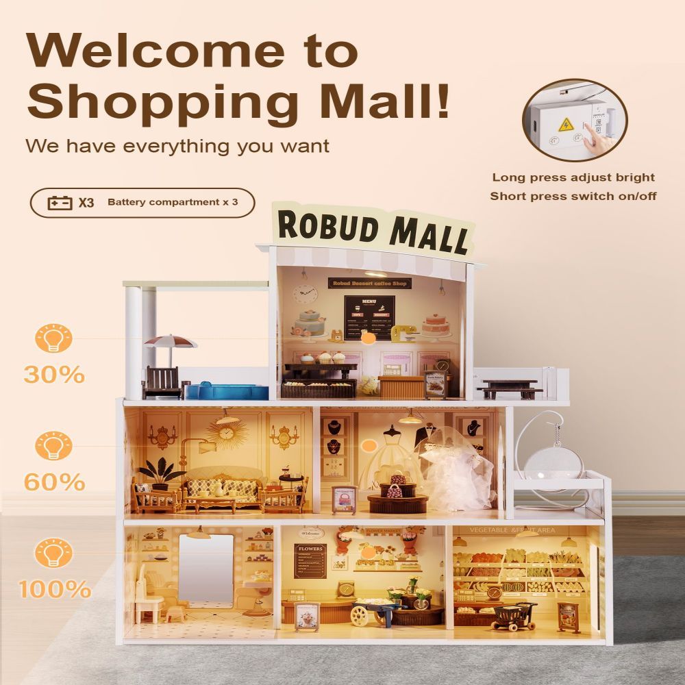 ROBOTIME Wood Dollhouse Shopping Mall Doll House With Lights Music For Xmas Gift