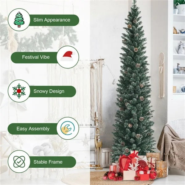 7FT Green Artificial Christmas Tree - 351 Lush Tips, 41 Realistic Pine Cones, Foldable Metal Stand