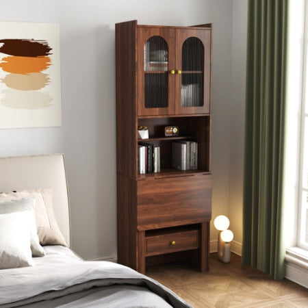 Fold-Out Convertible Writing Table, Desk Cabinet With Shelf And Drawer Multi-Function Home Office Workstation