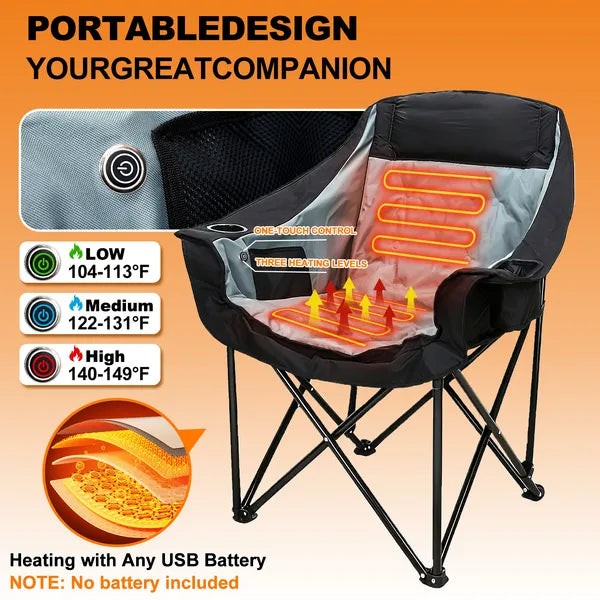 Oversized Double Heated Camping Chair, Patio Lounge Chairs With 3 Heat Levels, Portable Folding Heated Chair Round Moon Saucer Folding Lawn Chair Outdoor Chair For Camping, Lounge Patio