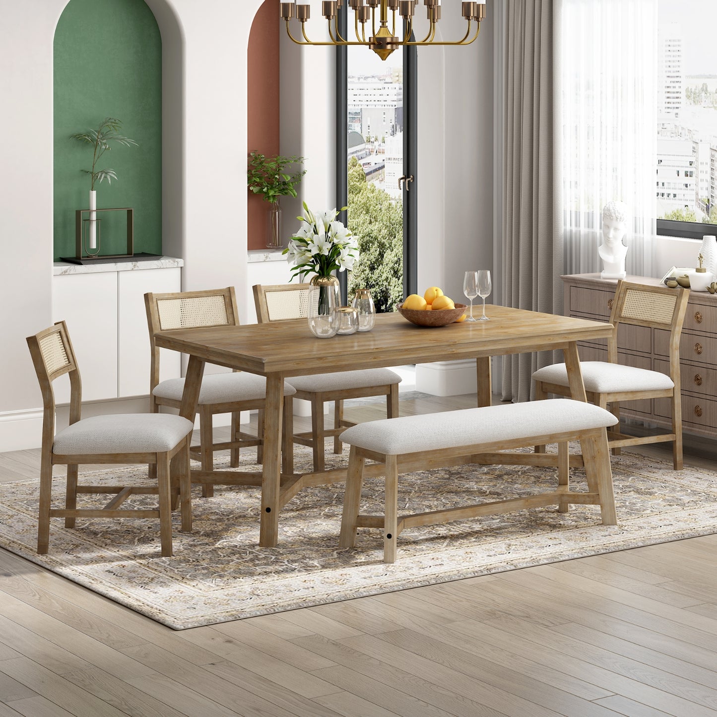 TREXM 6-piece Retro Farmhouse Style Dining Set, Rectangular Table And 4 Upholstered Chairs With Ratt