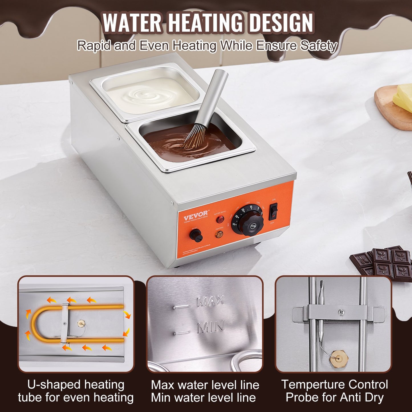 Chocolate Tempering Machine, 9 Lbs 2 Tanks Chocolate Melting Pot With TEMP Control 86~185F, 800W Stainless Steel Electric Commercial Food Warmer For Chocolate/Milk/Cream Melting And Heating