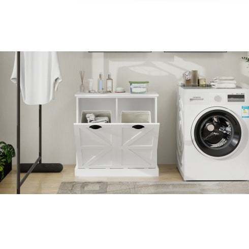 Two-Compartment Tilt-Out Laundry Sorter Cabinet-White