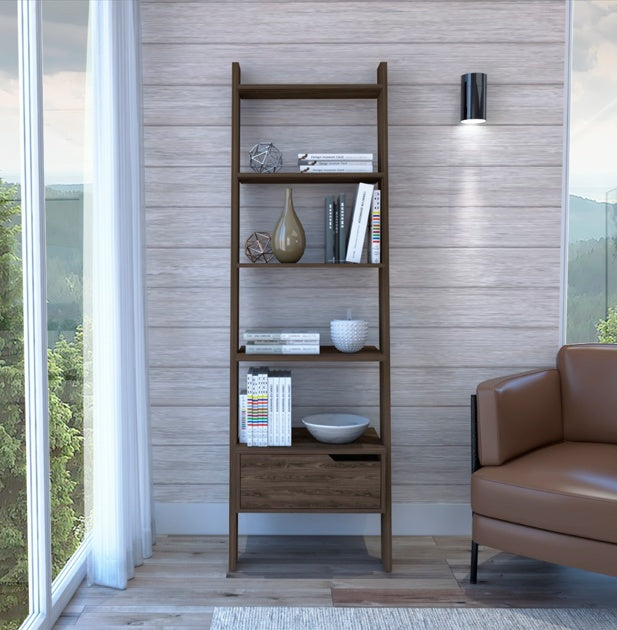 Trapezoidal Bookshelf, Four Legs, One Drawer, Five Open Shelves - Deep Walnut Wood