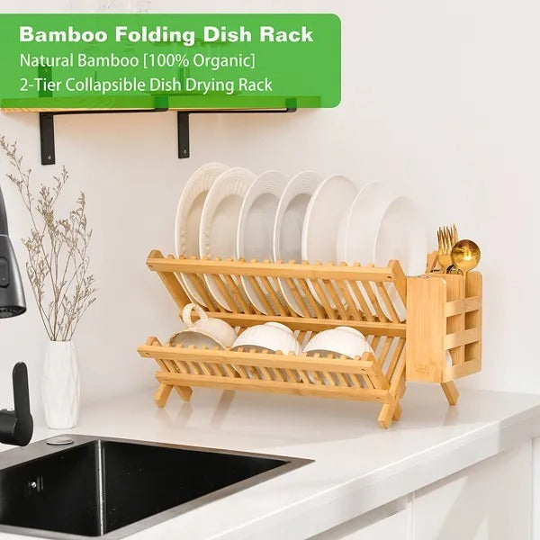 Collapsible 2-Tier Bamboo Dish Drying Rack Foldable Wooden Dish Drainer With Utensil Holder, Space-Saving Dish Rack For Kitchen Countertop