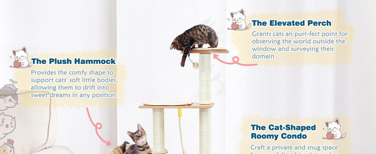 Modern Indoor Cat Tree Wooden Cat Tower Suitable For Cats, Includes Hammock, Scratching Post, And Removable Mat. Suitable For Both Large And Small Cats.