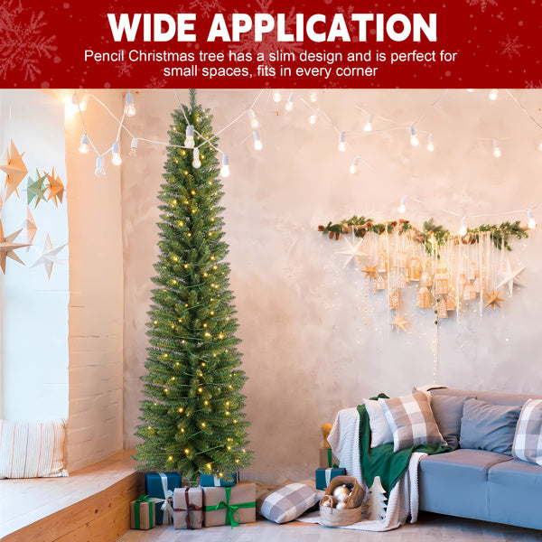 Artificial 7ft Green Pencil Christmas Tree With 469 PVC Branch Tips, 200L Warm White Led, Foldable Base For Indoor Holiday Decorating