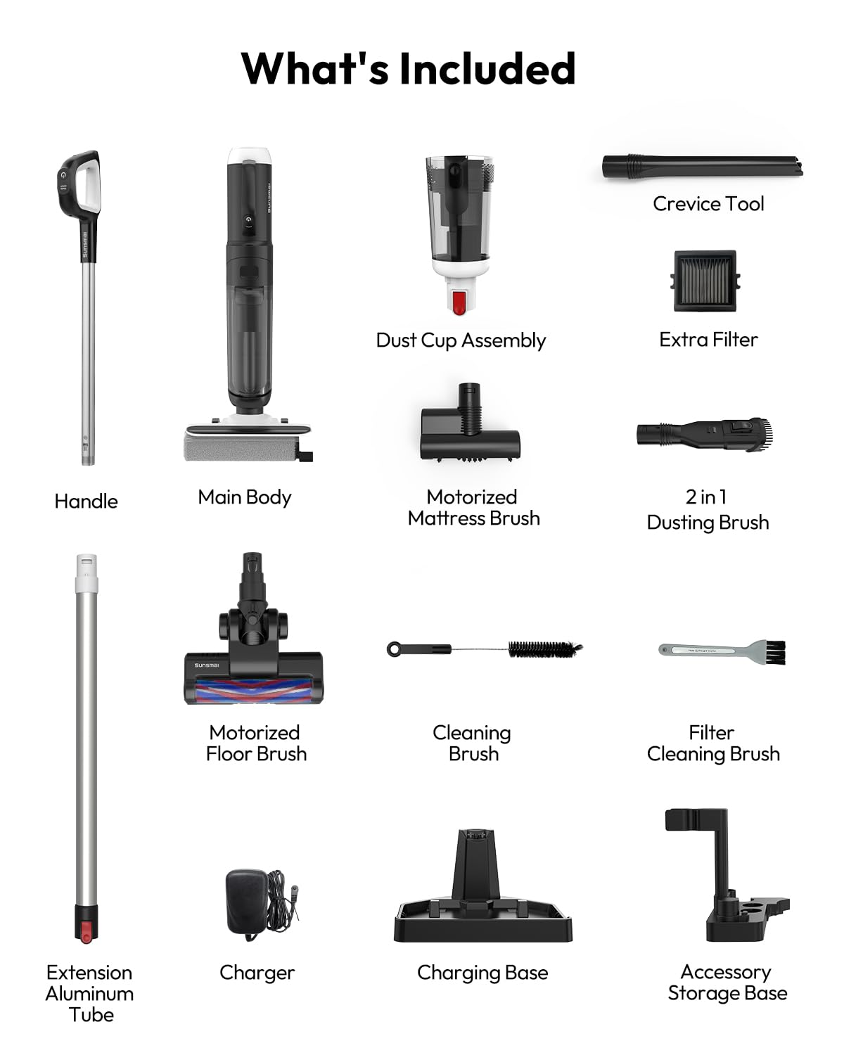 List of vacuum cleaner accessories on a white background