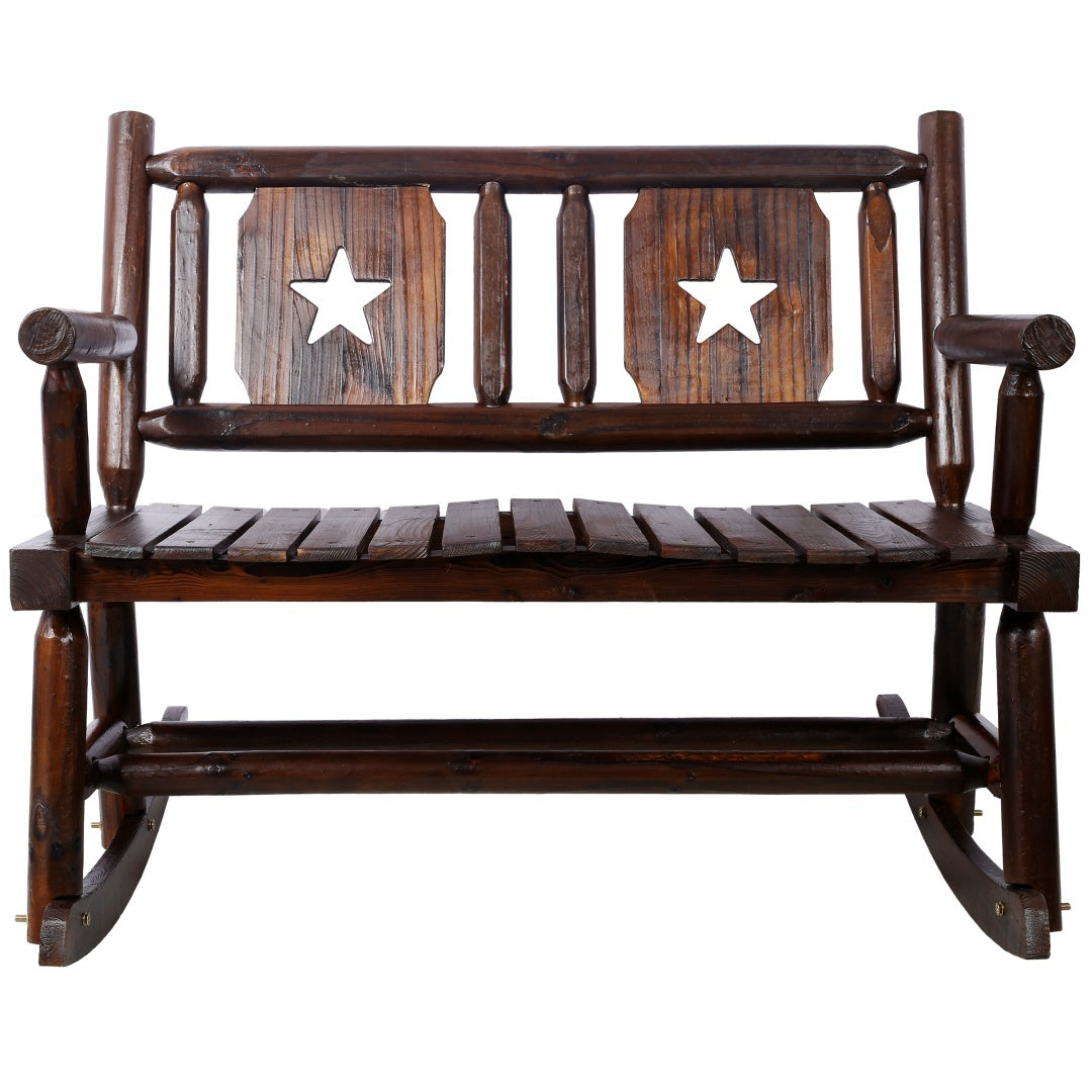 Outdoor Solid Wood Rocking Chair Bench Carbonized Double Rocking Chair For 2 People With Wide Curved Seat For Porch, Garden, Backyard, Rustic Brown