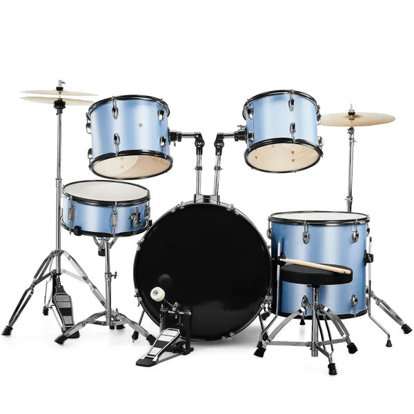 Full Size AdultDrum Set 5-Piece Blue With Bass Drum, Two Tom Drum, Snare Drum, Floor Tom, Stool, Drum Pedal, Sticks