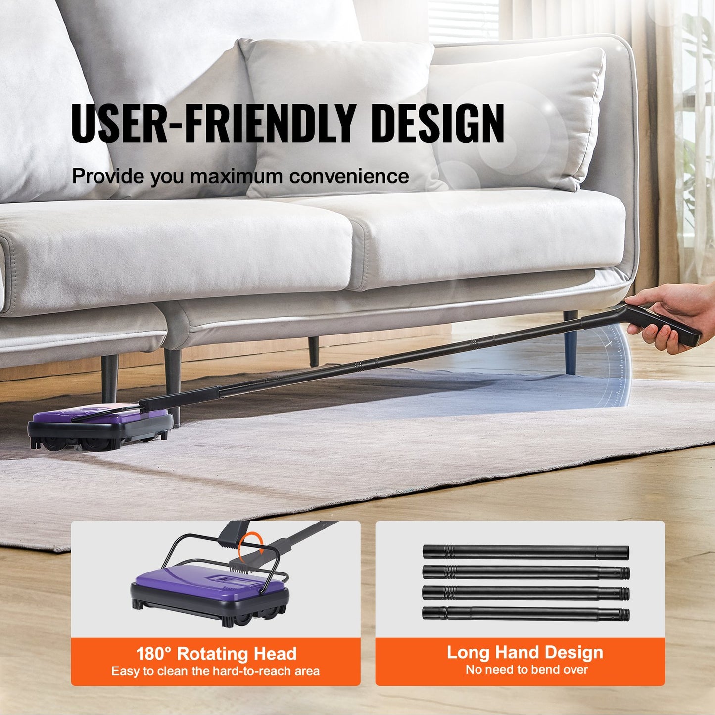 Cleaning device with attachments being used under a sofa, with text highlighting user-friendly design.