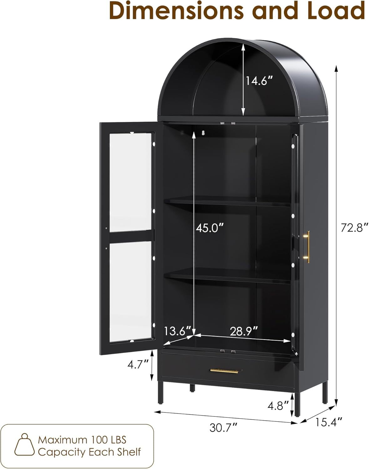 73In Tall Metal Arched Cabinet, Arched Display Pantry Cabinet With Glass Door, Modern Farmhouse Bookcase With 1 Drawer And 2 Adjustable Shelves For Living Room, Black, Assembly Required