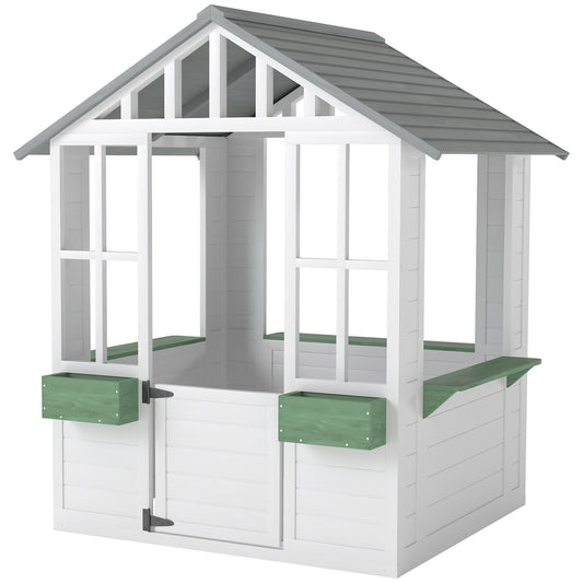 Kids Wooden Playhouse, Outdoor Garden Games Cottage With Flowers Pot Holder, Working Door, Windows, White