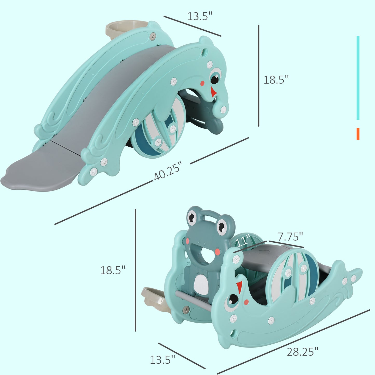 Children's slide and rocker toy with measurements on a light blue background