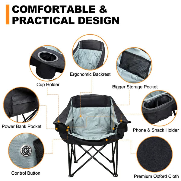 Oversized Double Heated Camping Chair, Patio Lounge Chairs With 3 Heat Levels, Portable Folding Heated Chair Round Moon Saucer Folding Lawn Chair Outdoor Chair For Camping, Lounge Patio