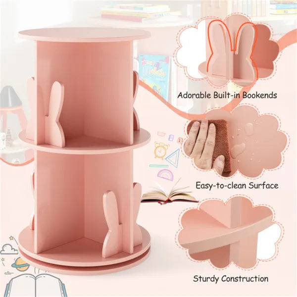 2-Tier Kids Rotating Bookshelf - Display For Books Toys, Bunny Baffles Child-Friendly Height, 22 Lbs Net Weight