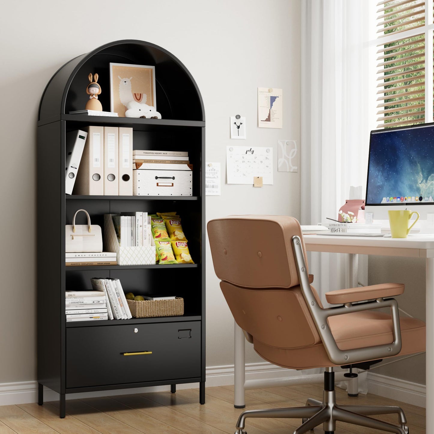 Metal Arched Household Storage Cabinet In Black And White Color