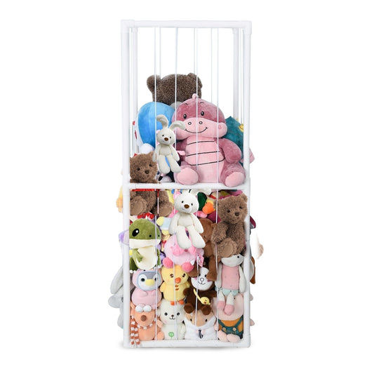 White wire mesh toy organizer filled with various stuffed animals on a white background