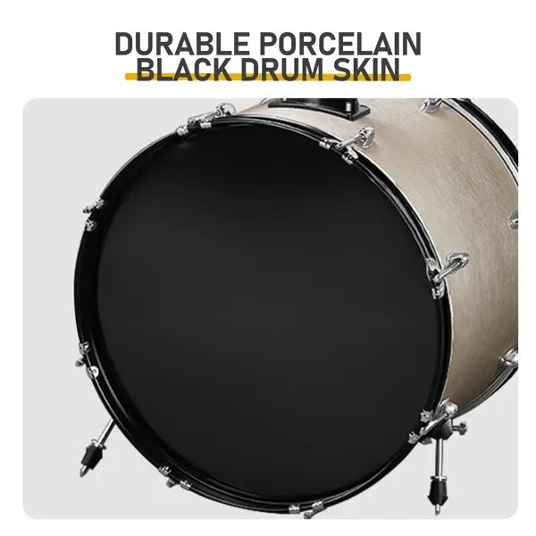 Full Size AdultDrum Set 5-Piece Silver With Bass Drum, Two Tom Drum, Snare Drum, Floor Tom, Stool, Drum Pedal, Sticks