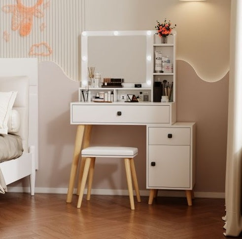 Dressing Table With Hollywood LED Mirror, Light Adjustable Brightness, Dressing Table, Padded Stool Set, White, Wooden Cosmetic Table With Drawer And Storage Cabinet