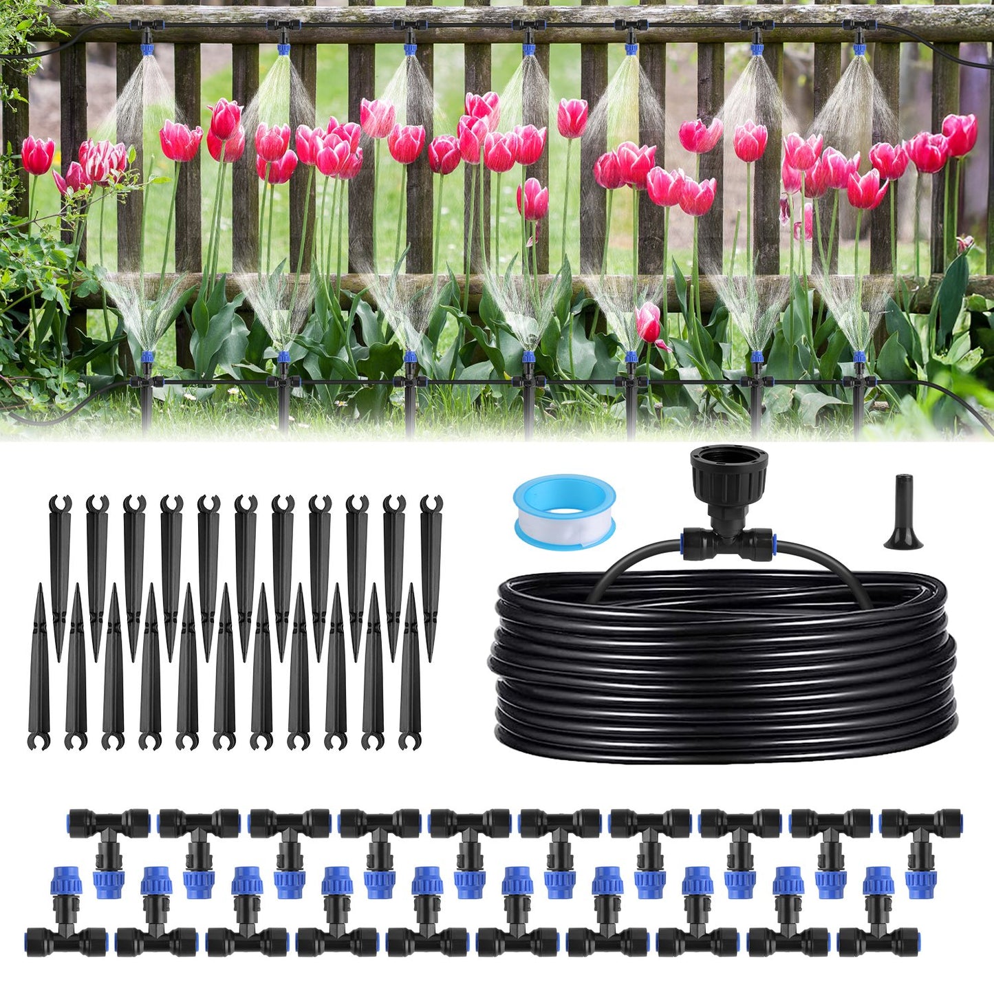 Drip irrigation system with components and pink tulips in a garden.