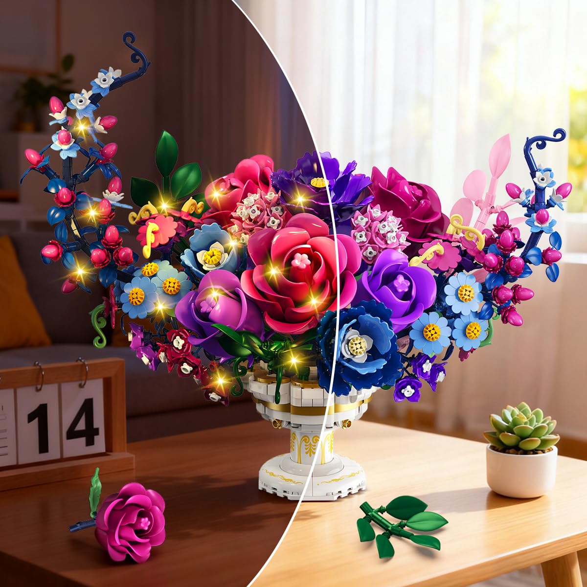 Colorful 3D flower puzzle with lights on a table.