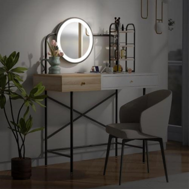 Makeup Vanity Desk With 3-Mode Lighted Mirror & Wireless Charging Station , Vanity Table With Drawer & 3 Open Shelves For Ample Storage Space