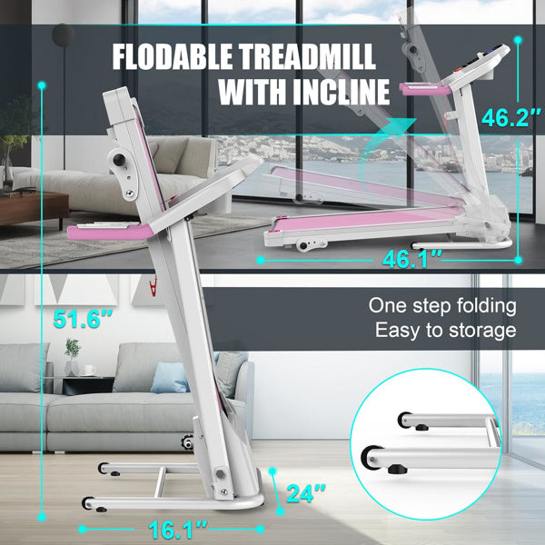 Pink Compact Folding Treadmill For Home - 2.5HP Quiet Brushless Motor, 3-Level Incline, 7.5 MPH, Shock Absorption, Space-Saving Design For Running, Walking - Treadmill For Small Spaces & Home Use