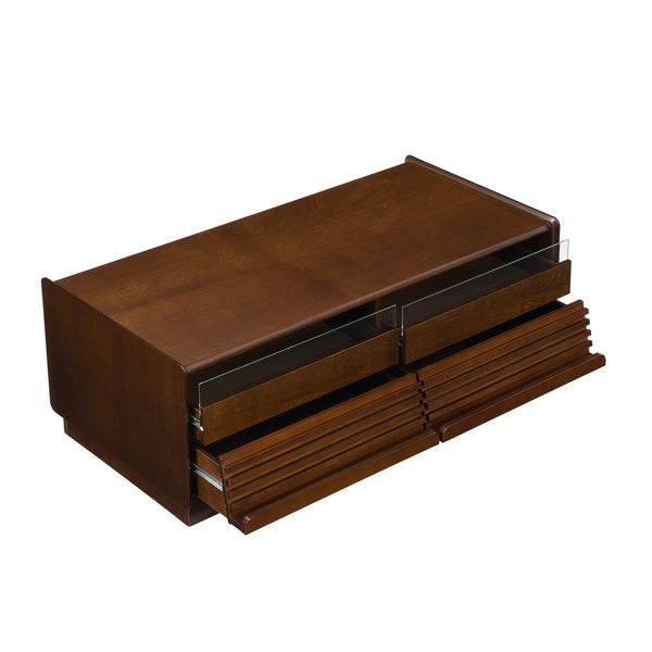 U-Can Modern Rectangle Coffee Table With 4 Drawers And 2 Display Shelves,  Wood Coffee Table With Fluted Style, Tempered Glass For Living Room