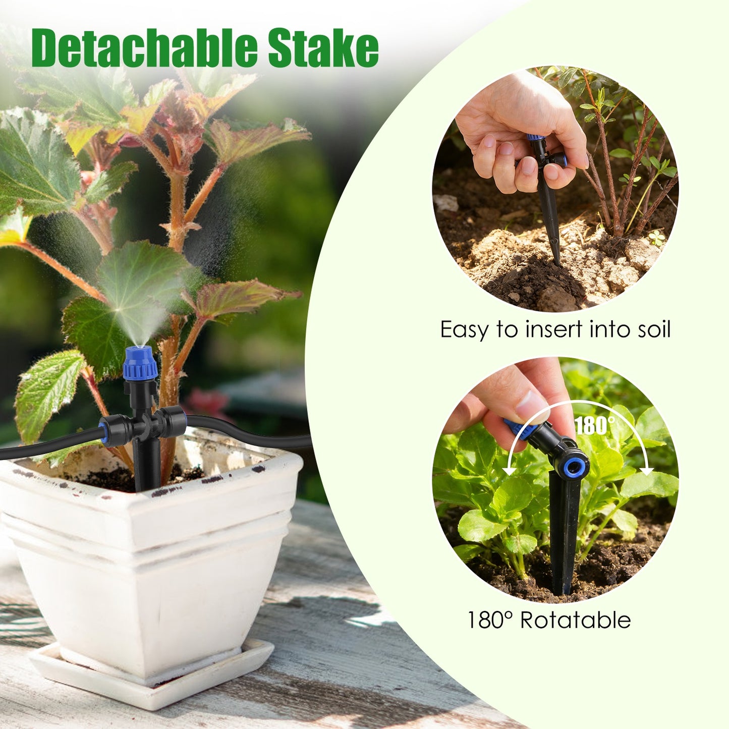 Garden stake with detachable nozzles for watering plants, shown with a plant and close-up views.