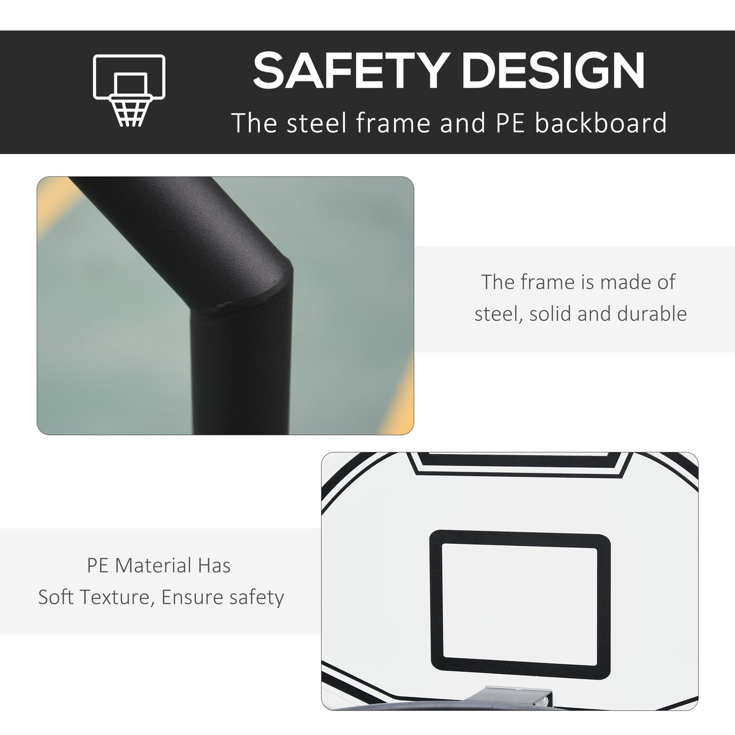 Basketball backboard with safety design features highlighted on a white background.