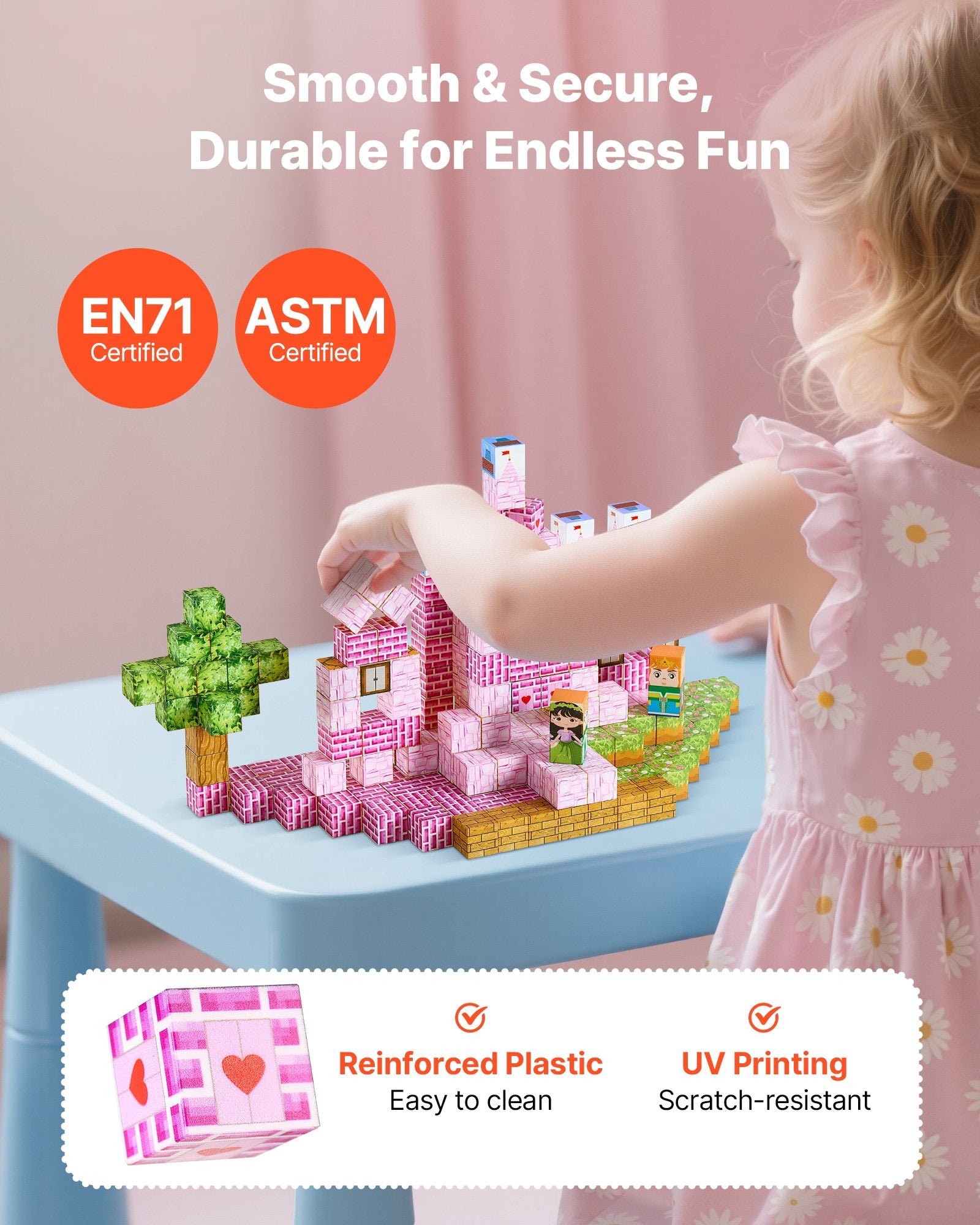 Child playing with building blocks on a table, with certification logos and product features displayed.