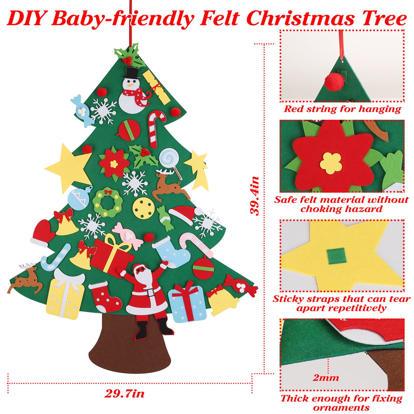 DIY Felt Christmas Tree 41Pcs Detachable Ornaments For Kids Toddler Wall Hanging Christmas Decoration Xmas Gift