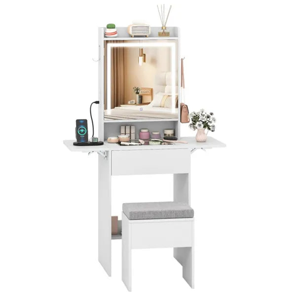 Vanity Table With LED Lighted Mirror, 2 Drop Leaf Extension & Built-in Charging Station-White