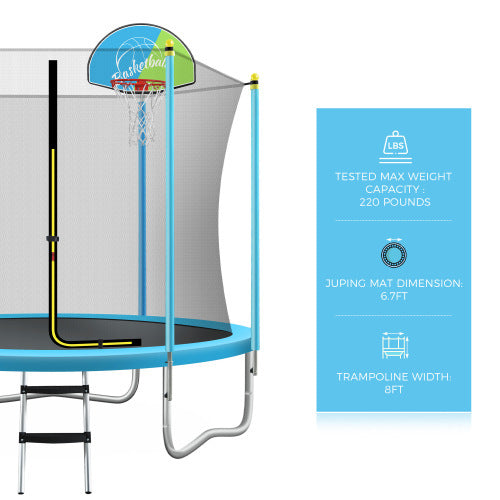 8FT Trampoline For Kids With Safety Enclosure Net, Basketball Hoop And Ladder, Easy Assembly Round Outdoor Recreational Trampoline