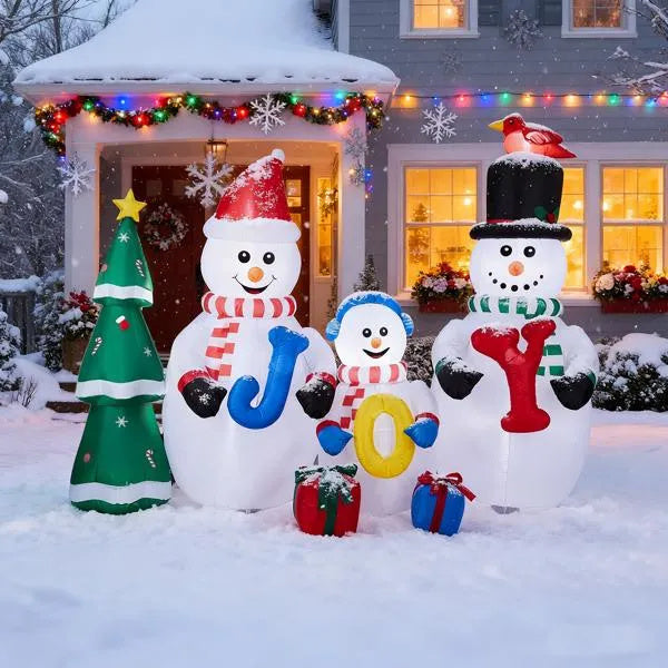 8FT Lighted Christmas Inflatable Decoration, Inflatable Snowman Family With JOY And Xmas Tree, Funny Blow Up Yard Decorations With Built-in LED Lights For Holiday Party Front Yard Lawn Garden Decor