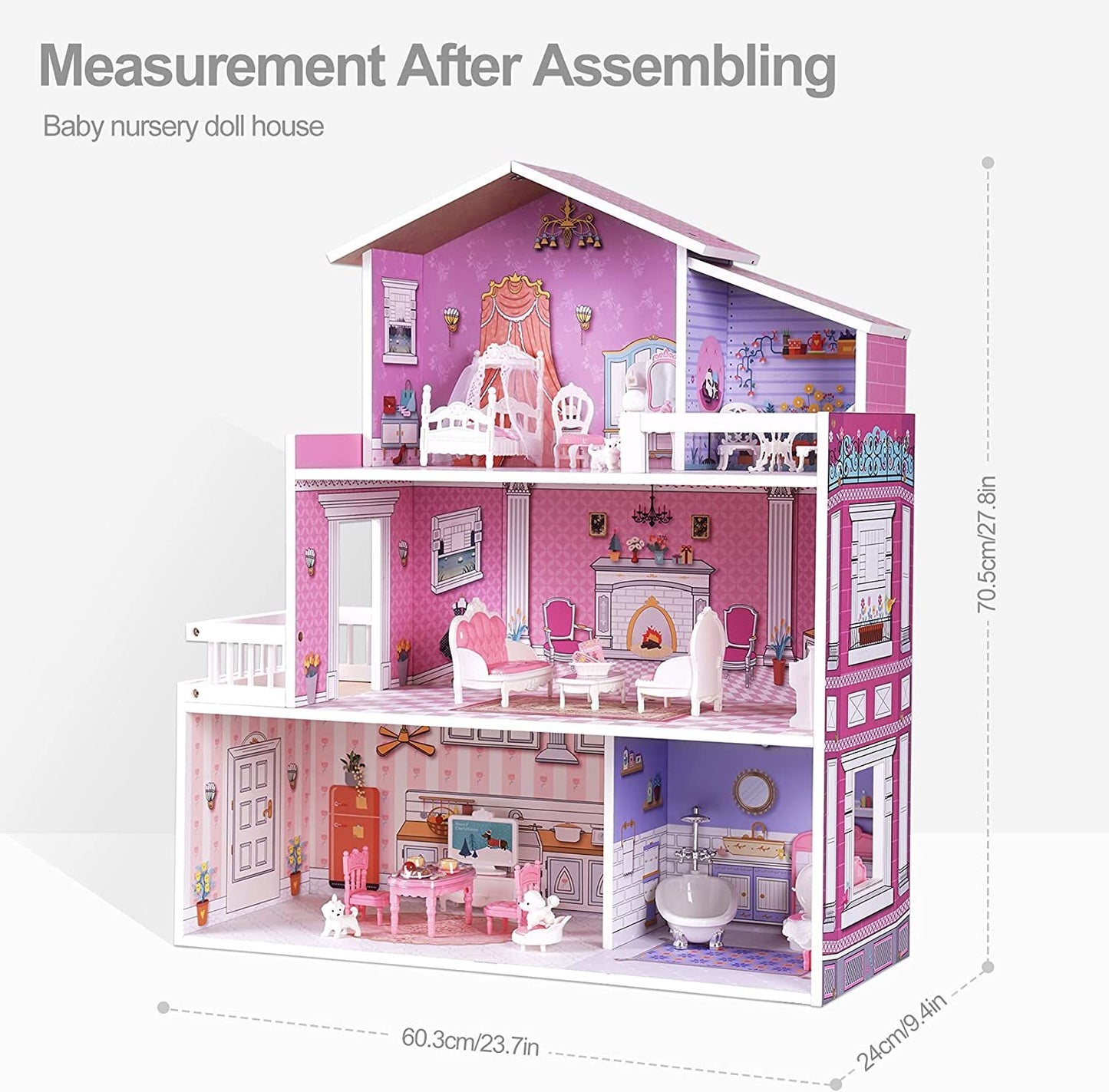 ROBOTIME 3 Levels Wooden Dollhouse  Furniture Dreamhouse Girls Mansion Gift